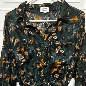 Unique Vintage maxi dress- green with leaf print shirtdress button down